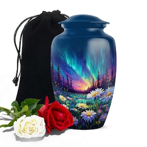 Aurora Borealis Cremation Urn for Ashes, Northern Lights Memorial Keepsake with Daisies urn, Adult Funeral Tribute Urn ( Size- 10", 3")