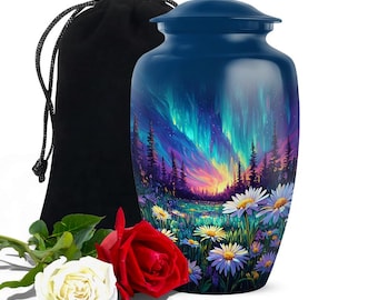 Aurora Borealis Cremation Urn: Northern Lights & Daisies, Adult Memorial Urn