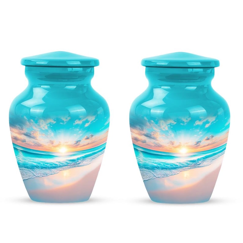Set of 2 small beach urns with radiant coastal sunrise design