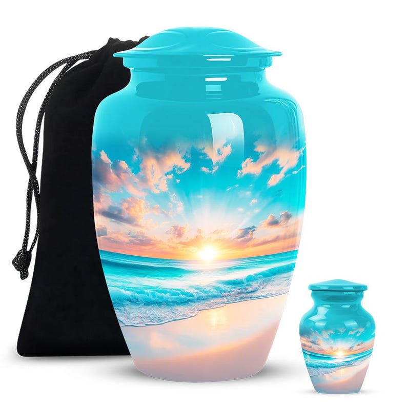 Full-size coastal urn with mini keepsake for ashes – peaceful ocean sunrise design
