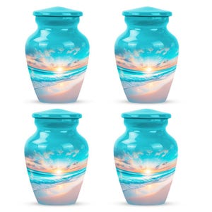 4-piece keepsake urn set with turquoise beach design and morning sunlight