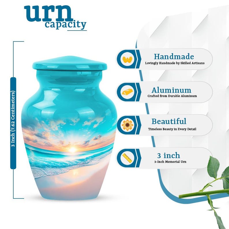 Mini 3-inch ocean cremation urn with vivid sunrise and wave design