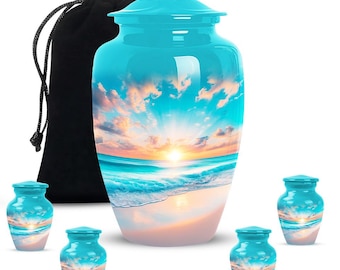 May include: A collection of turquoise cremation urns and keepsake urns. The urns feature a scenic beach sunset design. A black velvet bag with a drawstring is included.