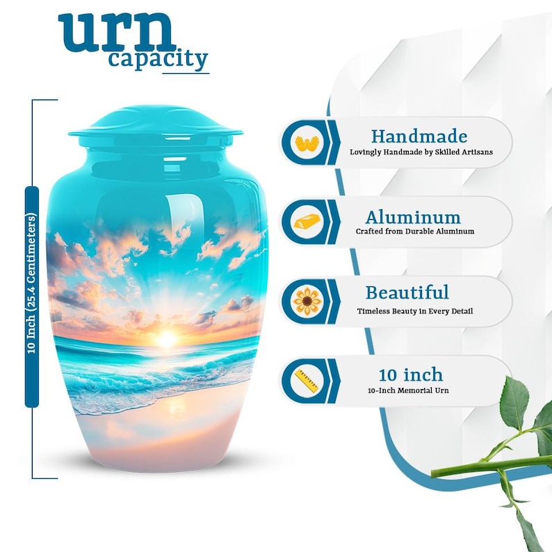 10-inch adult beach urn with tropical ocean sunrise design