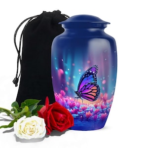Butterfly Cremation Urn for Adult Ashes: Floral Design, Aluminum, 10-inch