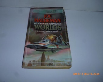 May include: A paperback book cover with a futuristic illustration of a flying vehicle over a city skyline. The book title is "Worlds" by Joe Haldeman, author of "The Forever War".