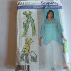 May include: Simplicity sewing pattern 556 from the Khaliah Ali Collection. The pattern features designs for a tunic and pants set, and a top and pants set. The cover shows a woman wearing a turquoise tunic and white pants.