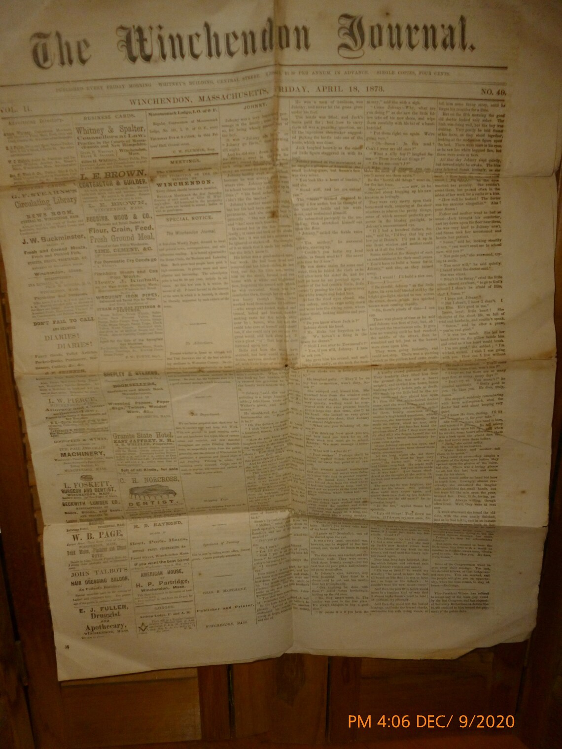 1874 Winchendon MA Newspaper the Winchendon Journal Oct 23 History Homeschooling Real History