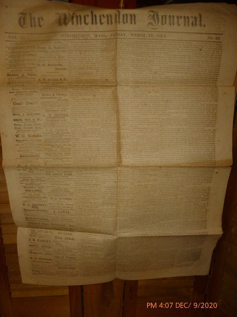 1874 Winchendon MA Newspaper the Winchendon Journal March 13 History Homeschooling Real History
