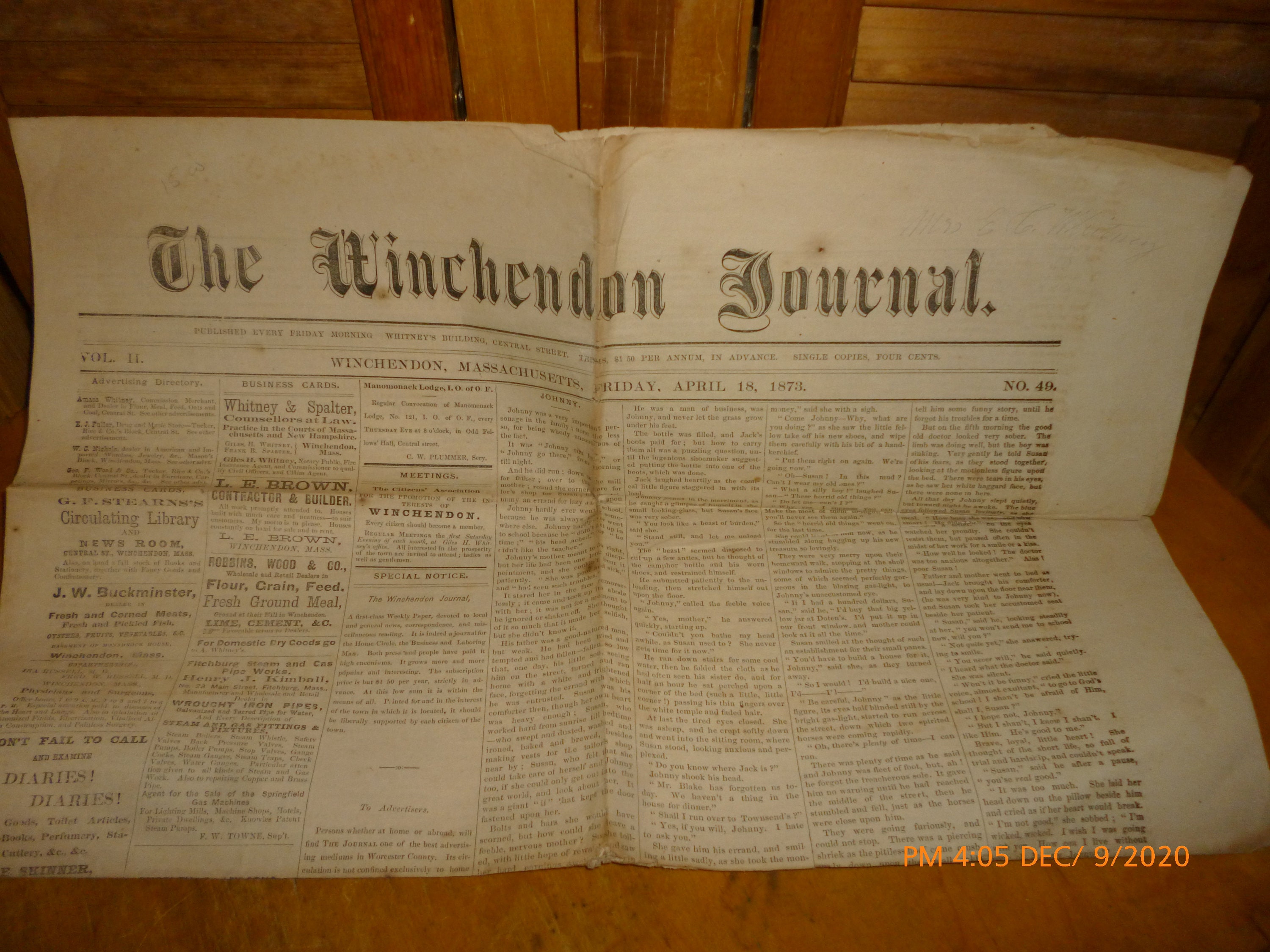1874 Winchendon MA Newspaper the Winchendon Journal Oct 23 History Homeschooling Real History