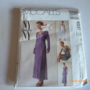 May include: A McCall's sewing pattern envelope featuring a woman in a long, purple formal dress. The envelope includes images of different dress styles and the text "NY The Collection". The pattern number is 9337.