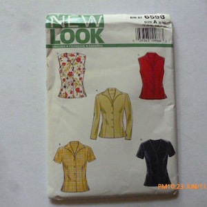 May include: A New Look sewing pattern envelope 6598, size A 8-18, featuring illustrations of five different shirt styles. The designs include a sleeveless floral top, a sleeveless red top, a long-sleeve yellow jacket, a yellow plaid short-sleeve top, and a black short-sleeve top.