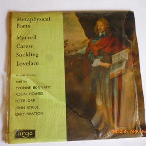 May include: An album cover for "Metaphysical Poets" featuring a portrait of a man in a red cloak holding a book. The cover has a yellow-green background with the names of the poets and readers listed.