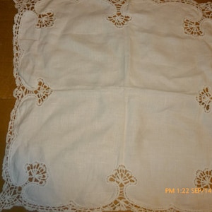 Victorian Battenberg Lace Edging White Cotton Table Scarf Hand Made Victorian Linen 18&quot;x 18&quot;