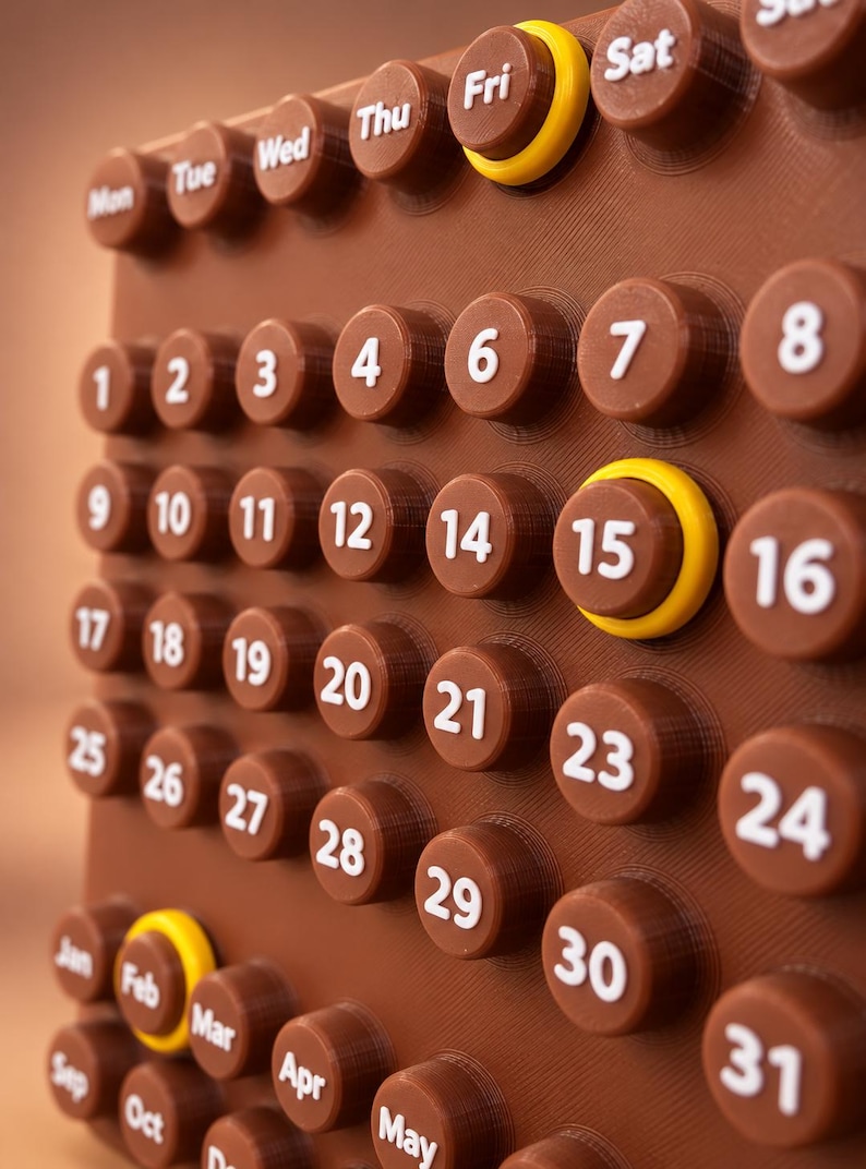 May include: A brown 3D-printed wall calendar featuring raised circular buttons for each day, month, and day of the week. The buttons display white text and numbers. Two yellow rings are placed around the buttons for Friday and the 15th.