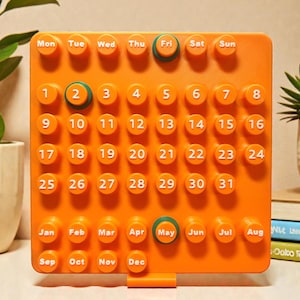 Calendrier perpétuel vintage Ring-A-Date orange – Design rétro années 60/70 –  Made in France