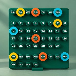 May include: A dark green square perpetual calendar board featuring rows of raised circular pegs. The pegs display white text for days of the week, numbers 1 through 31, and months from JAN to DEC. Select pegs are highlighted with yellow, orange, or blue rings.
