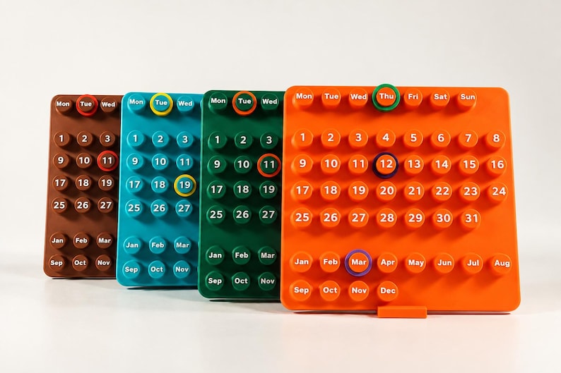 May include: Four rectangular perpetual calendars in brown, teal, green, and orange. Each features raised circular buttons with printed days of the week, numbers 1 through 31, and months from January to December, with select colored rings.