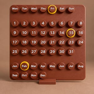 May include: A brown square perpetual calendar featuring raised circular buttons with white text for days of the week, numbers one through thirty-one, and months from January to December. Three yellow rings highlight Fri, 15, and Feb.