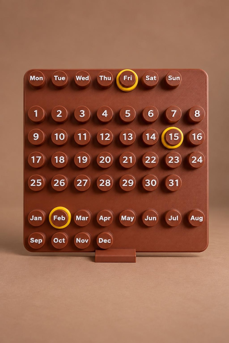 May include: A brown square perpetual calendar featuring raised circular buttons with white text for days of the week, numbers one through thirty-one, and months from January to December. Three yellow rings highlight Fri, 15, and Feb.
