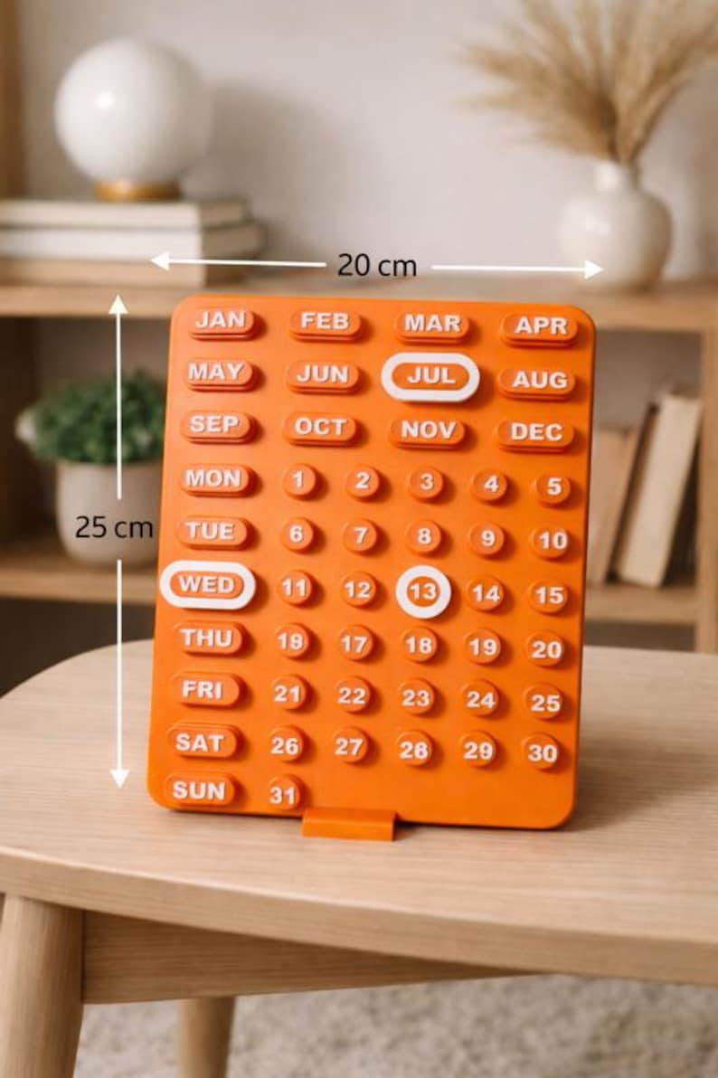 Retro orange Space Age perpetual calendar, mid-century design, made in France, eco-friendly PLA, 20x25 cm, vintage decor, modern design object image 8