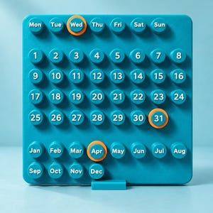 May include: A teal square perpetual calendar featuring raised circular buttons with white text. The grid displays days of the week, numbers 1 through 31, and months from Jan to Dec. Orange rings highlight Wed, 31, and Apr.