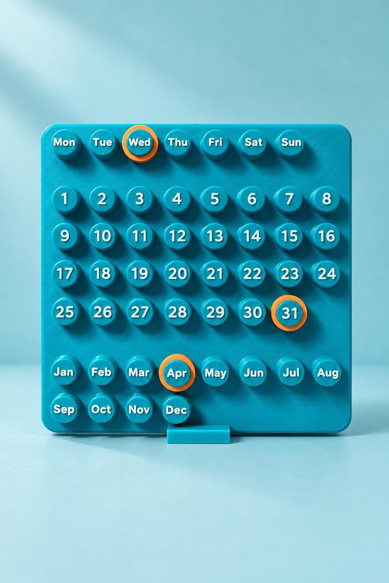 May include: A teal square perpetual calendar featuring raised circular buttons with white text. The grid displays days of the week, numbers 1 through 31, and months from Jan to Dec. Orange rings highlight Wed, 31, and Apr.