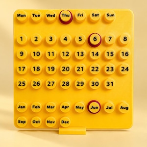 May include: A yellow square perpetual calendar featuring raised circular buttons with black text. The grid displays days of the week, numbers 1 through 31, and months from Jan to Dec. Three dark red rings highlight Thu, 6, and Jun.
