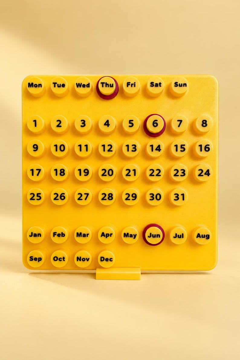 May include: A yellow square perpetual calendar featuring raised circular buttons with black text. The grid displays days of the week, numbers 1 through 31, and months from Jan to Dec. Three dark red rings highlight Thu, 6, and Jun.