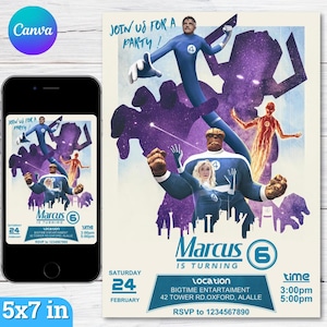 Può includere: Invito di 5x7 pollici con i personaggi dei Fantastici Quattro. L'invito ha uno schema di colori viola e blu con il testo "Unisciti a noi per una festa!" e i dettagli per una festa di compleanno.