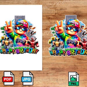 Puede incluir: Gr&aacute;fico de cumplea&ntilde;os colorido con un personaje de Roblox con gafas de sol y un mando, con el texto "HAPPY BIRTHDAY". El dise&ntilde;o incluye im&aacute;genes de Wolverine y Deadpool.