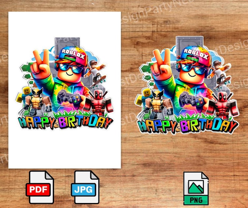 Puede incluir: Gr&aacute;fico de cumplea&ntilde;os colorido con un personaje de Roblox con gafas de sol y un mando, con el texto "HAPPY BIRTHDAY". El dise&ntilde;o incluye im&aacute;genes de Wolverine y Deadpool.