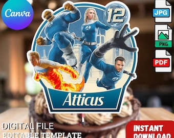 Fantastic Four-verjaardagstaarttopper, direct download, bewerkbaar op canvas