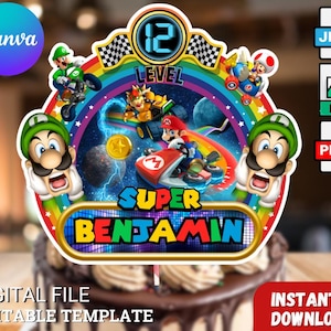 Mario Birthday Cake Topper, Instant Download, Editable in Canva