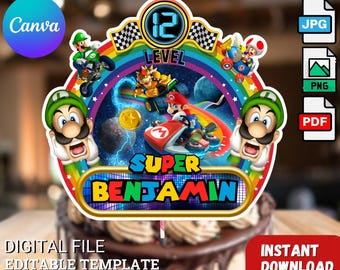 Adorno para tarta de cumpleaños de Mario, descarga instantánea, editable en Canva