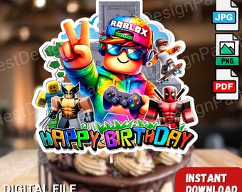 Adorno para tarta de Roblox: Decoración imprimible para fiesta de cumpleaños (descarga digital PNG, PDF, JPG)