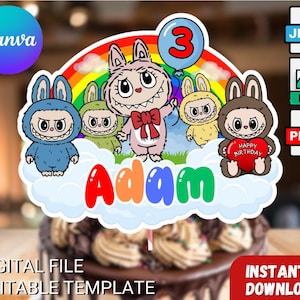 Labubu Birthday Cake Topper, Instant Download, Editable in Canva