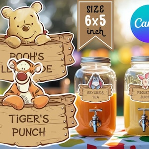 May include: Image shows Pooh Bear and Tigger characters with signs saying "Pooh's Lemonade" and "Tiger's Punch." Two glass beverage dispensers with labels for "Eeyore's Tea" and "Piglet's Juice" are also visible. The size is 15.2 x 12.7 cm.