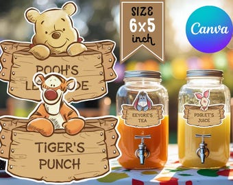 Etiquetas de Winnie Pooh, descarga instantánea, editables en Canva
