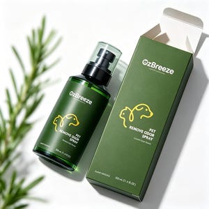 May include: A dark green plastic spray bottle and matching rectangular cardboard box labelled OzBreeze Pet Remove Odor Spray. Both items feature a yellow line-art graphic of a cat and dog, with 300 ml (11.4 fl oz) printed on the packaging.