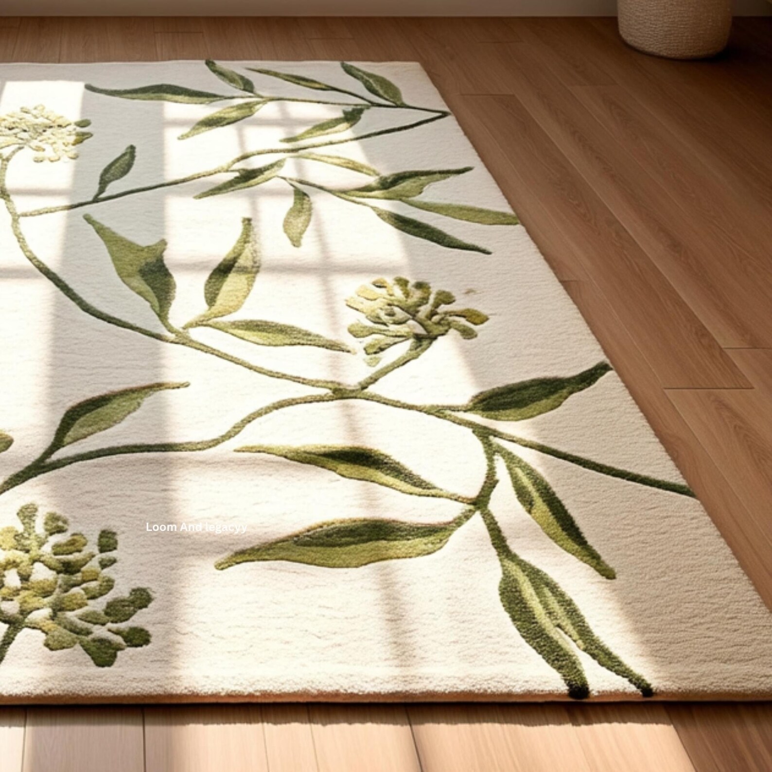 Hand Tufted Cream Botanical Area Rug - Green Vine Leaf Floral Carpet 3D ...