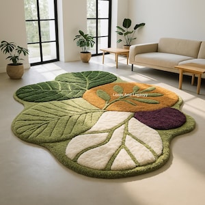 May include: A large, leaf-shaped rug with a botanical design. The rug features various shades of green, orange, white, and purple, with a textured, tufted appearance. The rug is placed on a light-colored floor in a well-lit room.