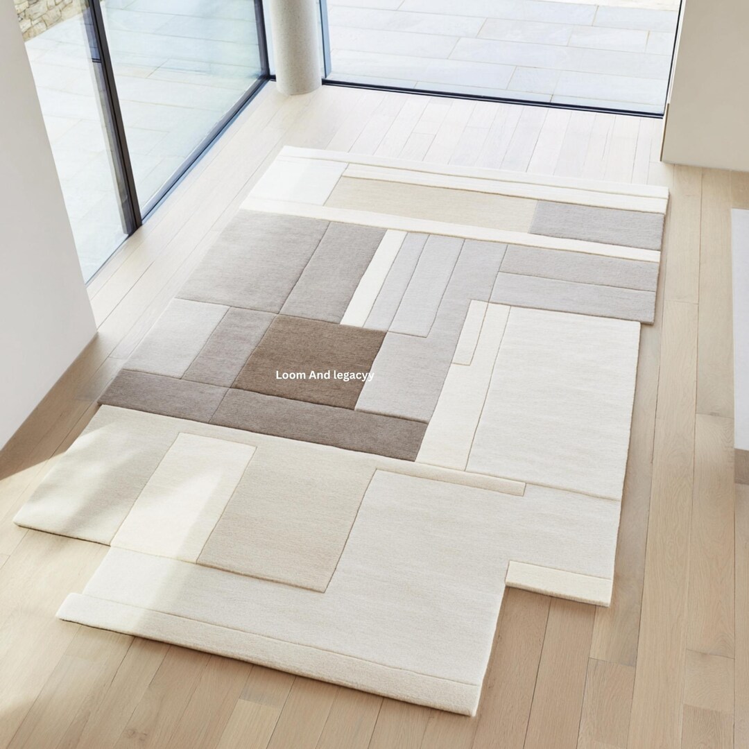 Hand Tufted Asymmetrical Geometric Area Rug - Grey Beige Multi Level ...