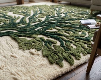 May include: A rectangular area rug featuring a high-pile, tufted design in shades of dark forest green and olive green, forming an intricate, branching tree-like pattern against a solid, cream-colored, low-pile background texture.