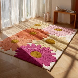 Botanical Rug, Bright Multi-Color Wool Rug with Daisy Pattern