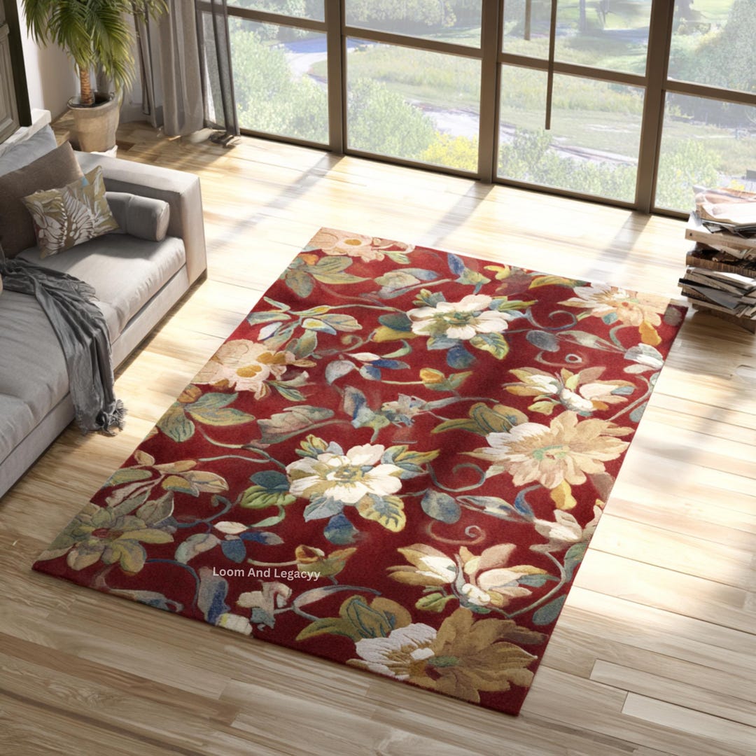 Red Tuft Rug Red Floral Wool Rug | Hand-tufted Botanical Area Rug - Etsy
