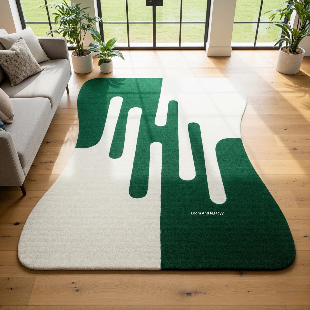 Green and White Abstract Wool Rug | Hand-tufted Irregular Carpet - Etsy