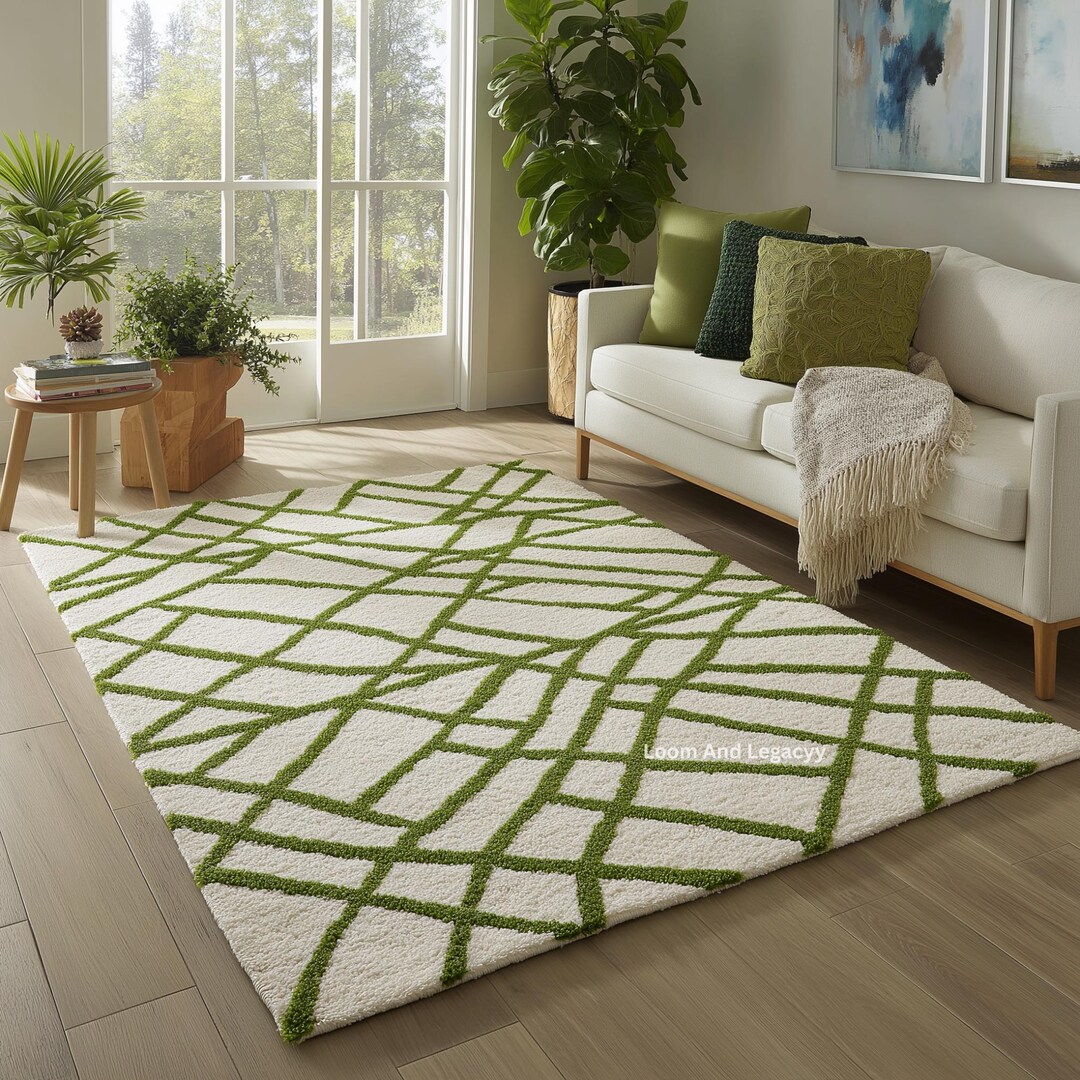 Green Matrix Rug Hand Tufted Cream Green Lattice Area Rug - Modern Geometric Line Carpet ...
