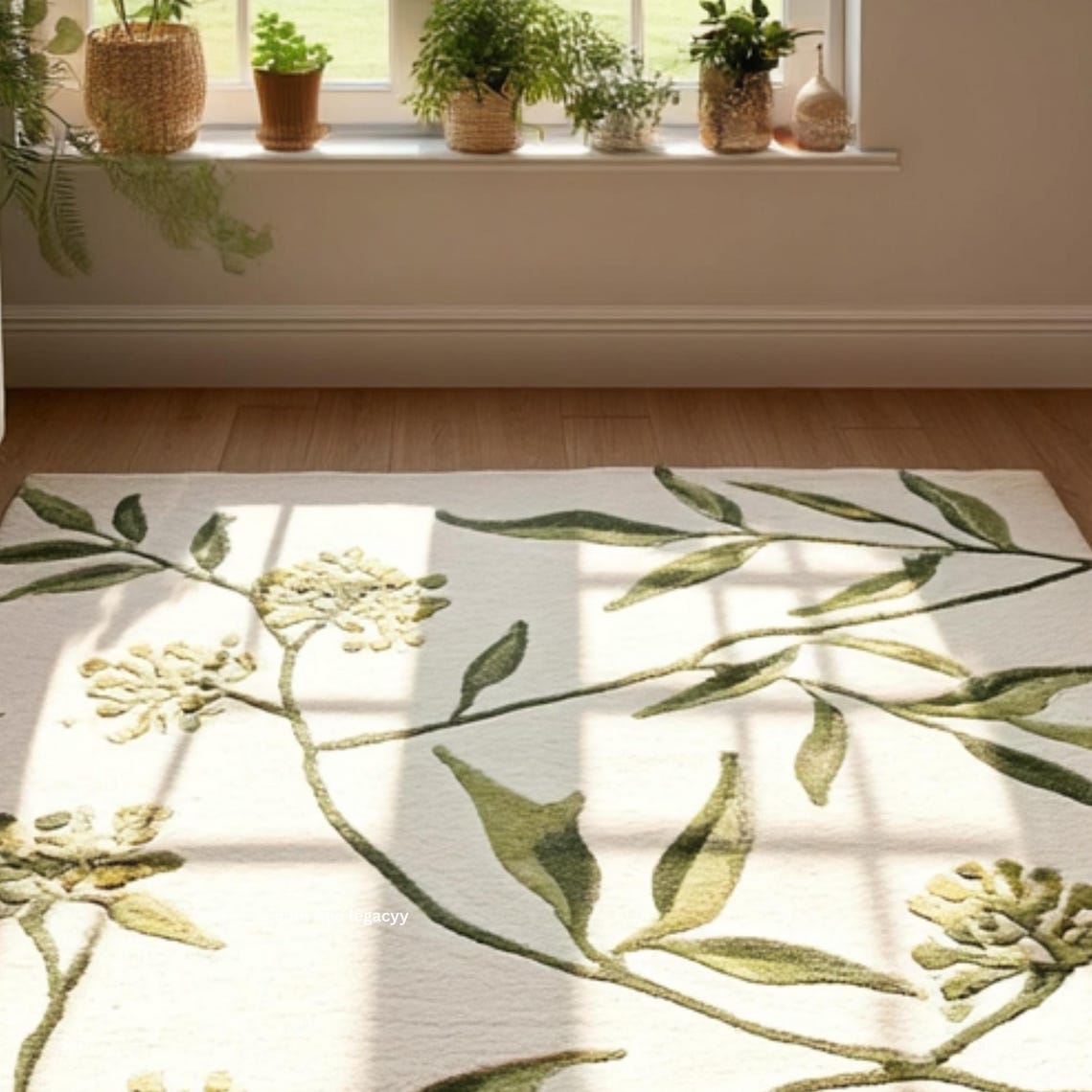 Shadow Botanical Rugs Hand Tufted Cream Botanical Area Rug - Green Vine Leaf Floral Carpet 3D ...