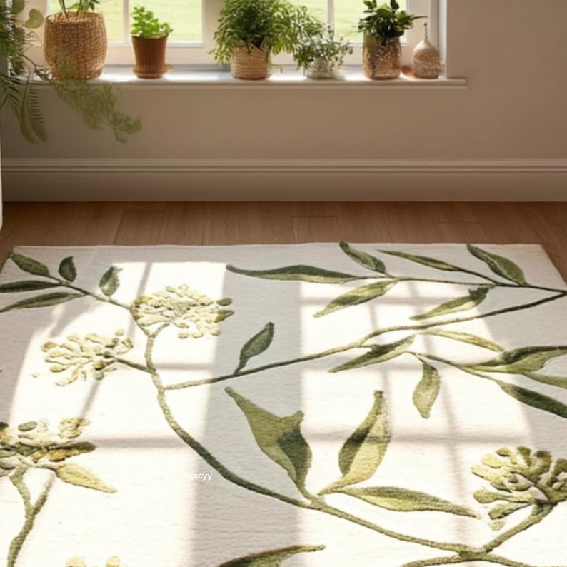 Hand Tufted Cream Botanical Area Rug - Green Vine Leaf Floral Carpet 3D ...